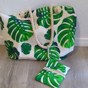 Monstera Lined Bag with Zippered Top and Attached Zippered Pouch Water Resistant